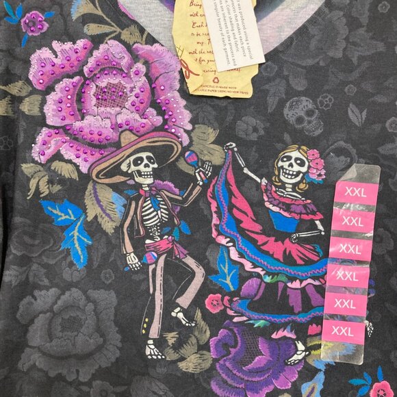New One World size XXL Black Purple Floral V neck Novelty Skeleton Print Top - Picture 4 of 10